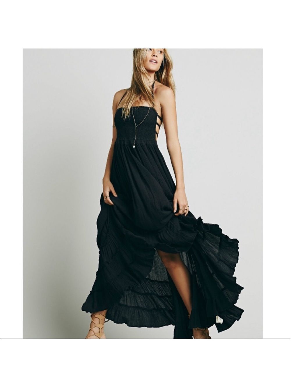 Amazon Black Strapless Smocked Maxi Dress with Open Back